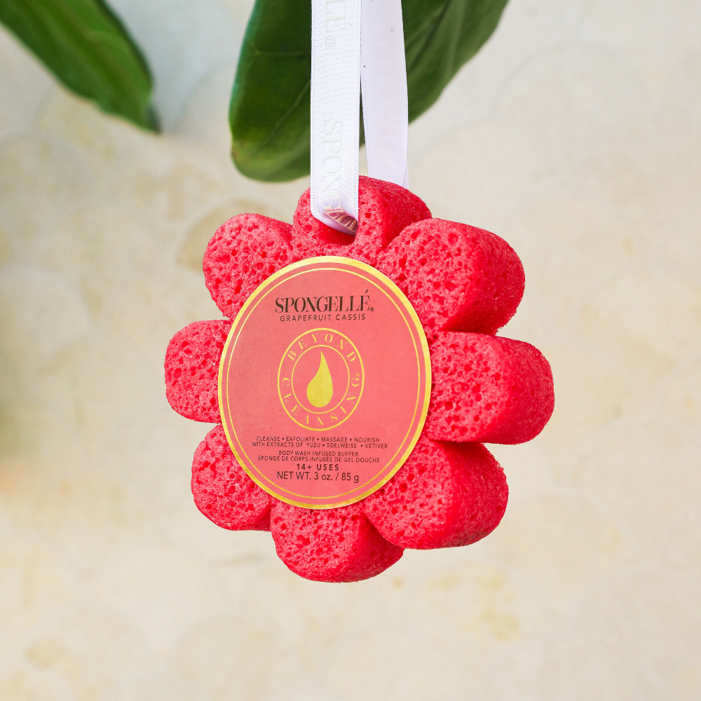 Spongellé Grapefruit Cassis Wild Flower body wash infused buffer with floral and citrus scent, soft sponge for skincare.