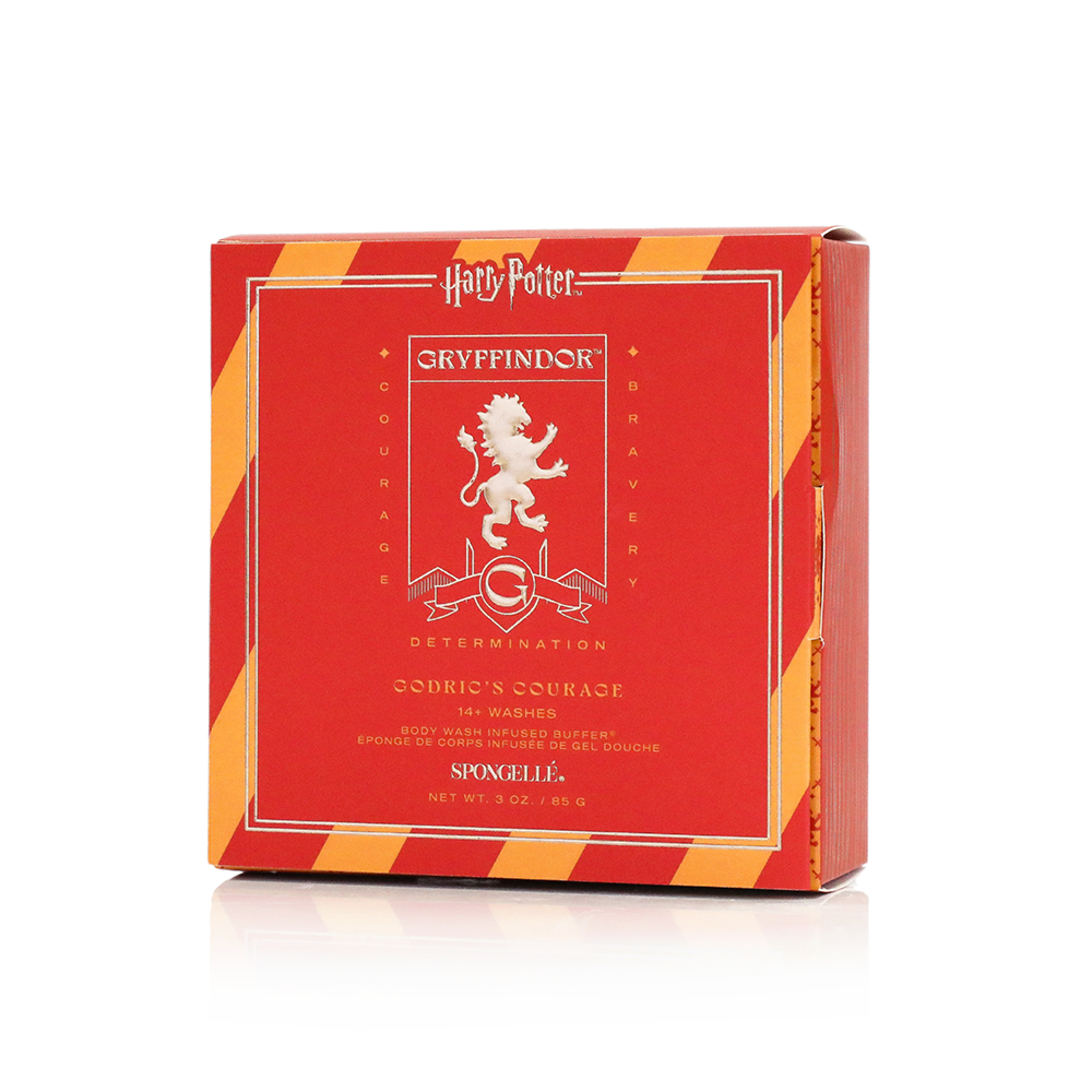 Spongellé Gryffindor Godric's Courage Body Wash Infused Buffer from Harry Potter collection with vibrant red and gold design.
