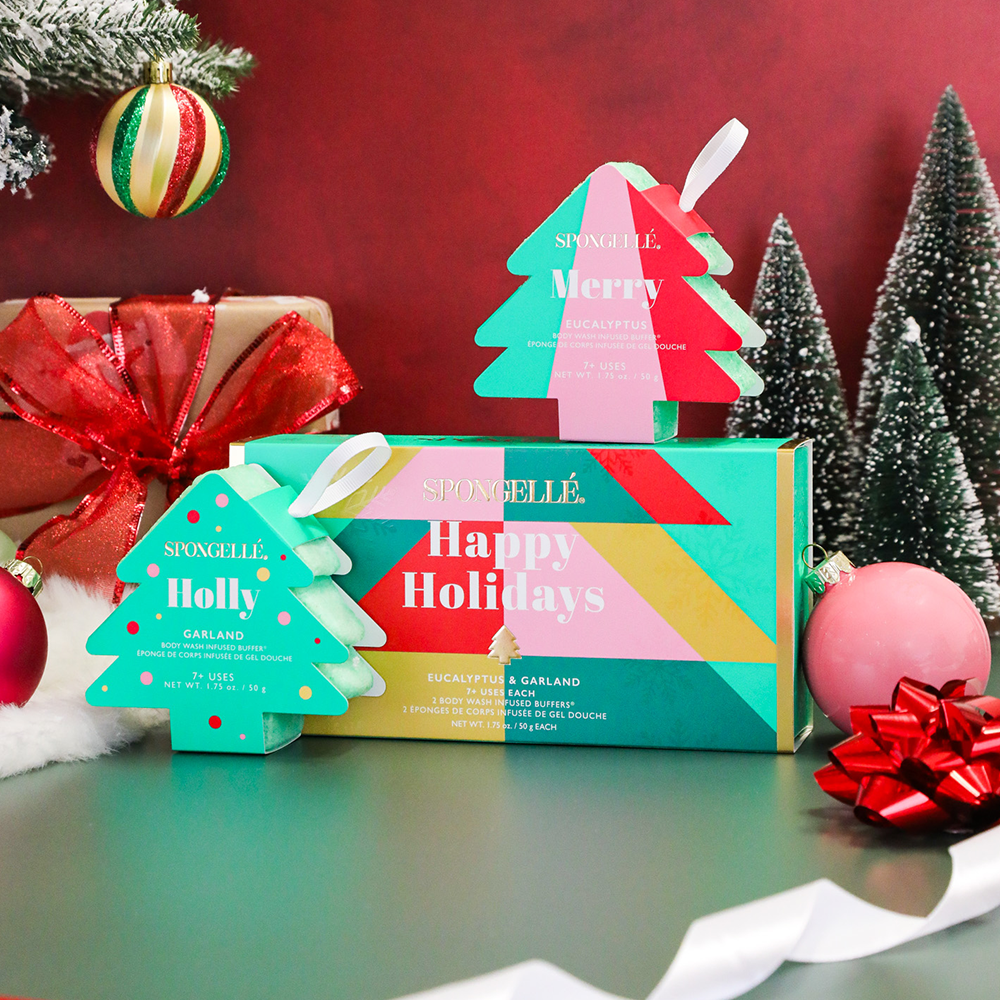 Spongellé Happy Holidays Holiday Tree Body Wash Infused Buffer with festive holiday design and festive scent.