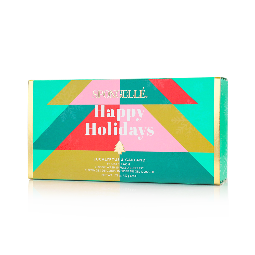 Spongellé Happy Holidays Holiday Tree Body Wash Infused Buffer with festive design and textured surface for gentle cleansing
