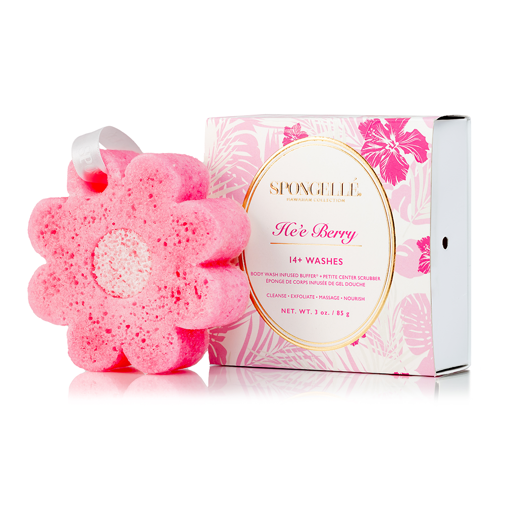 Spongellé He'e Berry Hawaiian Body Wash Infused Buffer with vibrant purple and pink design, textured surface for cleansing and exfoliating.