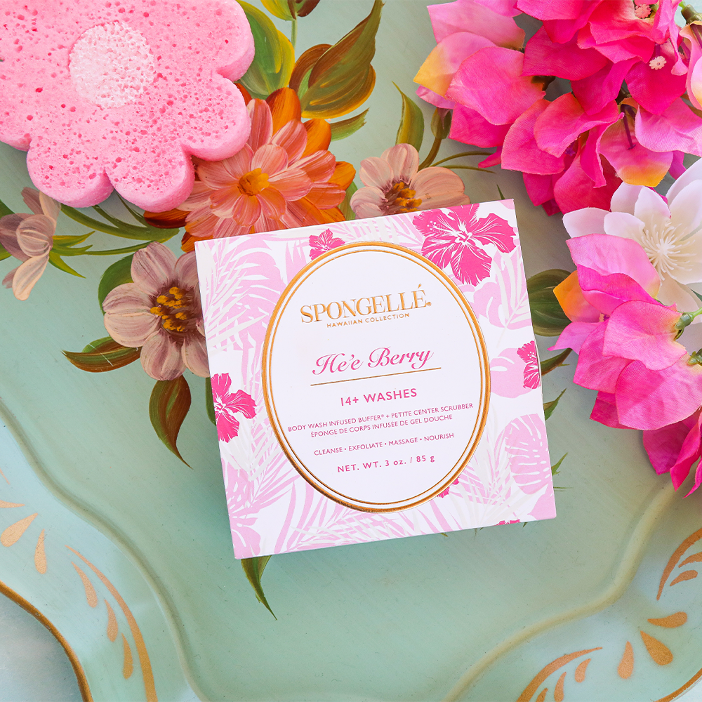 Spongellé He'e Berry Hawaiian Buffer, body wash infused exfoliating buffer with vibrant berry design and soft textured surface.