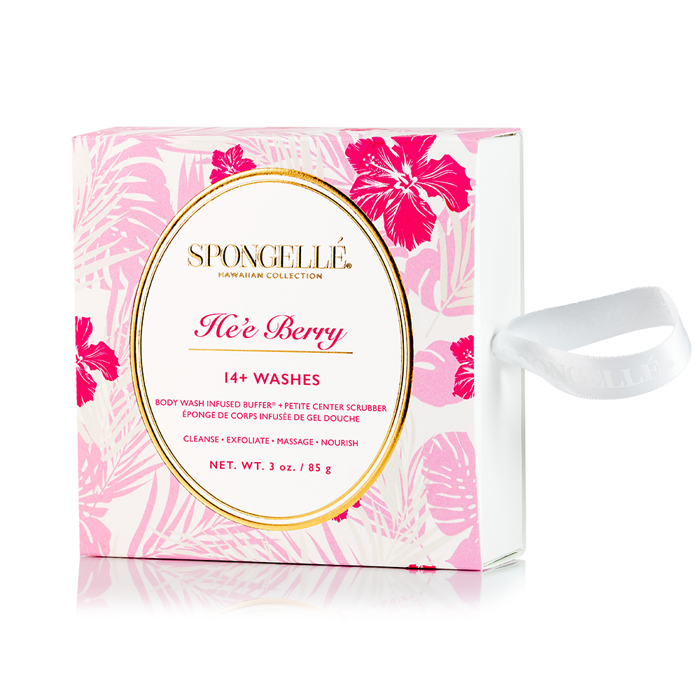 Spongellé He'e Berry Hawaiian Buffer, a body wash-infused buffer with vibrant purple and blue design and botanical accents.