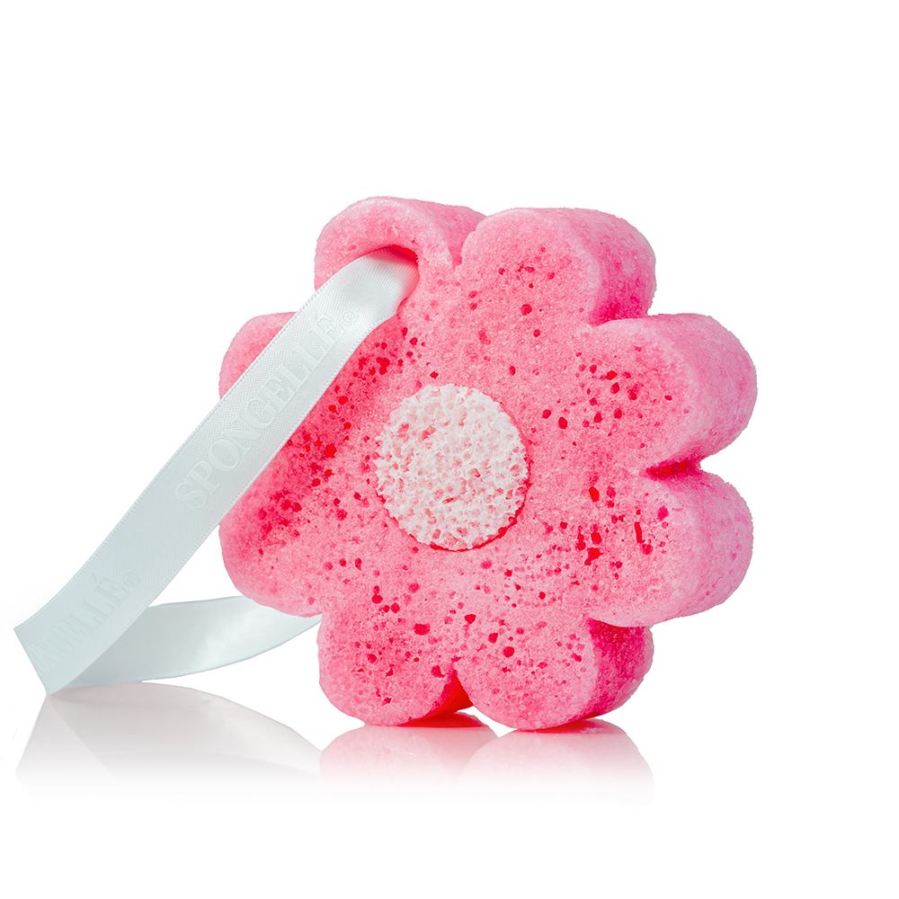 Spongellé He'e Berry Hawaiian Buffer body wash-infused buffer with vibrant purple and pink design and floral accents.