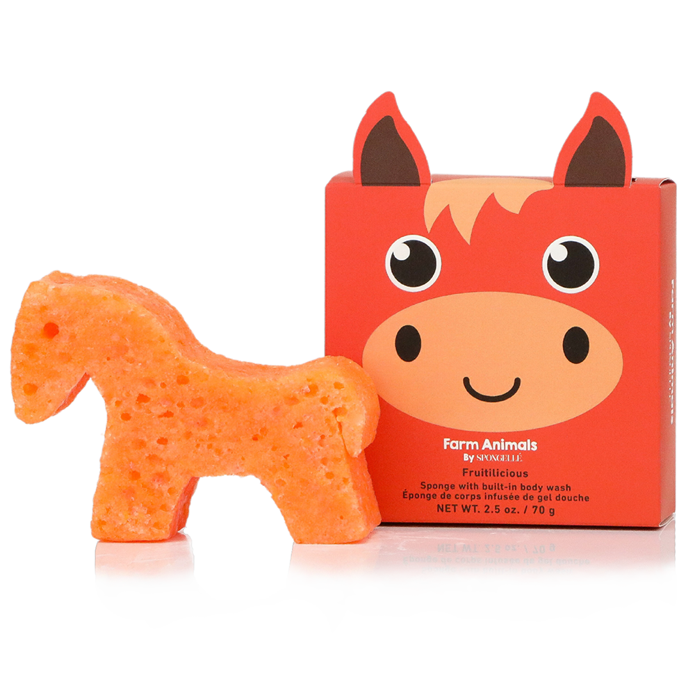 Spongellé Henry Horse farm animals body wash infused buffer showing a colorful textured sponge with farm animal illustrations