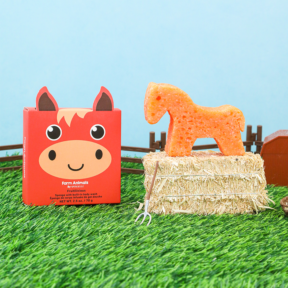 Henry Horse farm animals body wash infused buffer by Spongellé, soft sponge with farm animal design for cleansing.