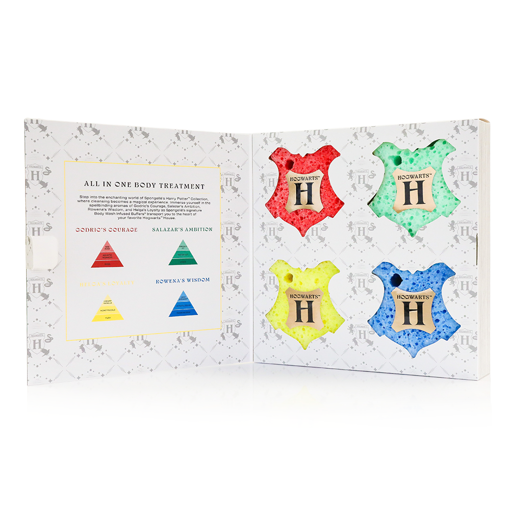 Spongellé Hogwarts™ Harry Potter™ Collection body wash infused buffer with magical design and vibrant colors for skincare and gift-giving.