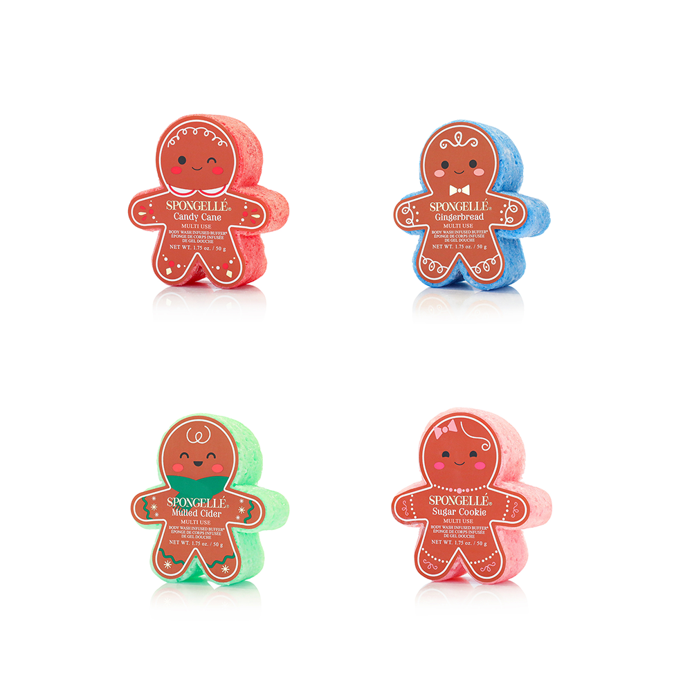 Spongellé Holiday Gingerbread body wash infused buffer in assorted multi-use pack with festive gingerbread scent and textured surface.