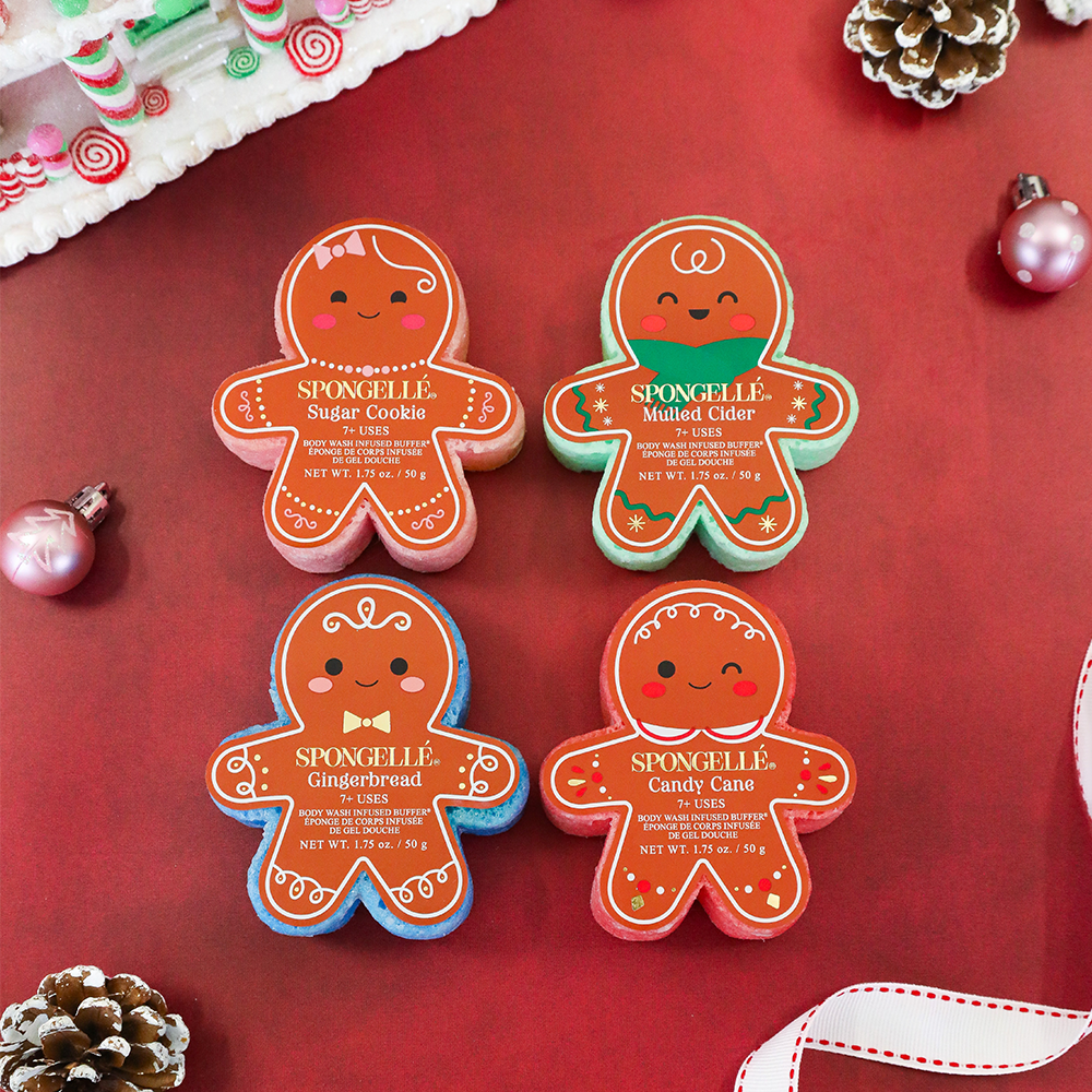 Spongellé Holiday Gingerbread Body Wash Infused Buffer with assorted multicolor sponge design for cleansing and exfoliating.
