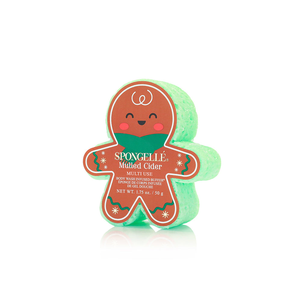Spongellé Holiday Gingerbread Body Wash Infused Buffer in assorted pack, multi-use buffer with festive gingerbread scent and design.