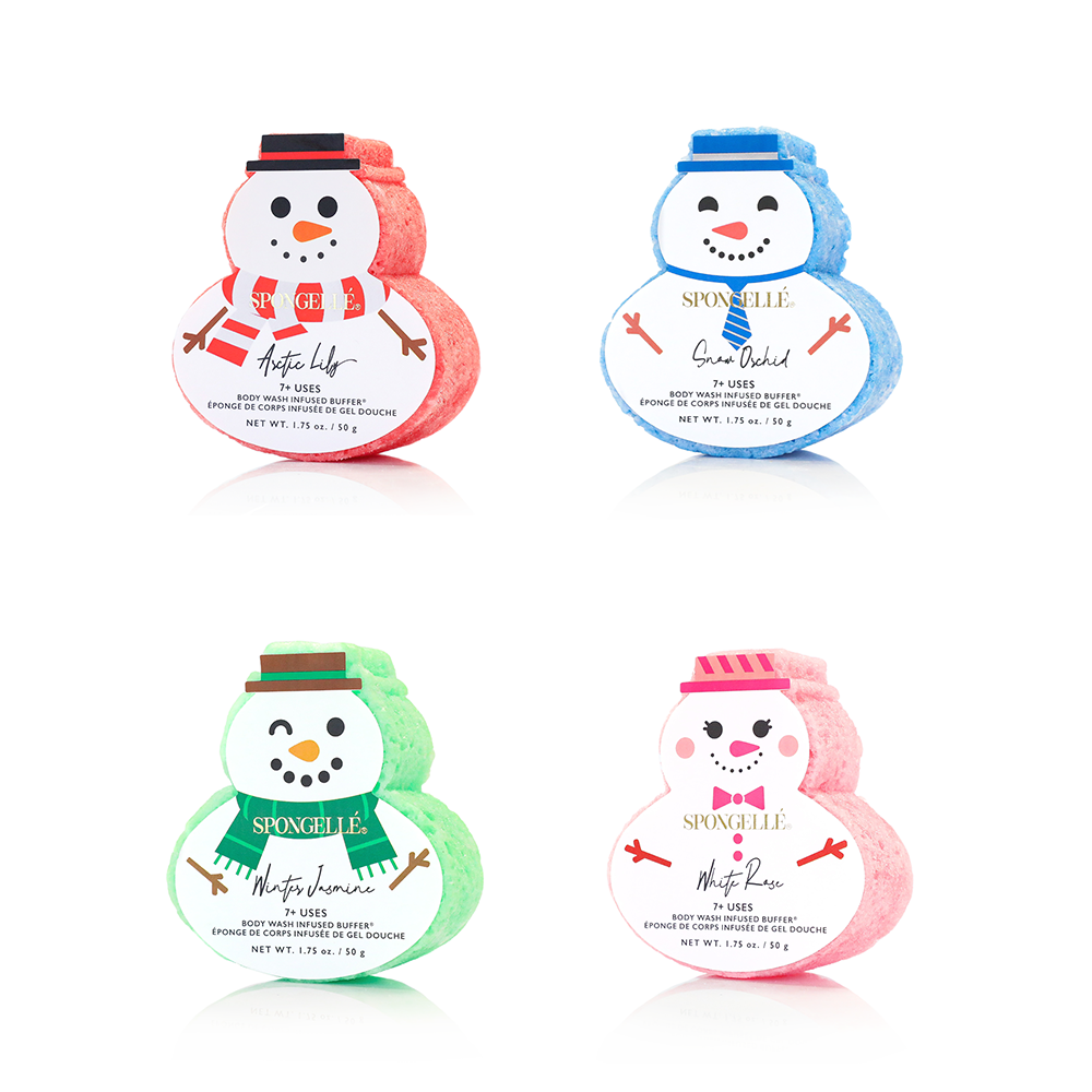 Holiday Snowman Body Wash Infused Buffer by Spongellé featuring a festive snowman design in the assorted pack.