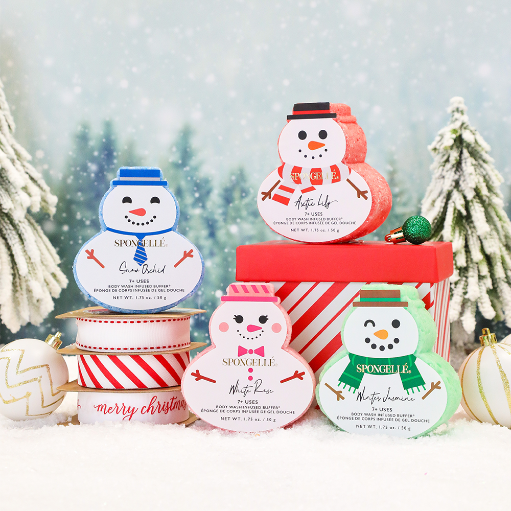 Holiday Snowman Spongellé Body Wash Infused Buffer in assorted pack, featuring festive design and soft exfoliating texture.