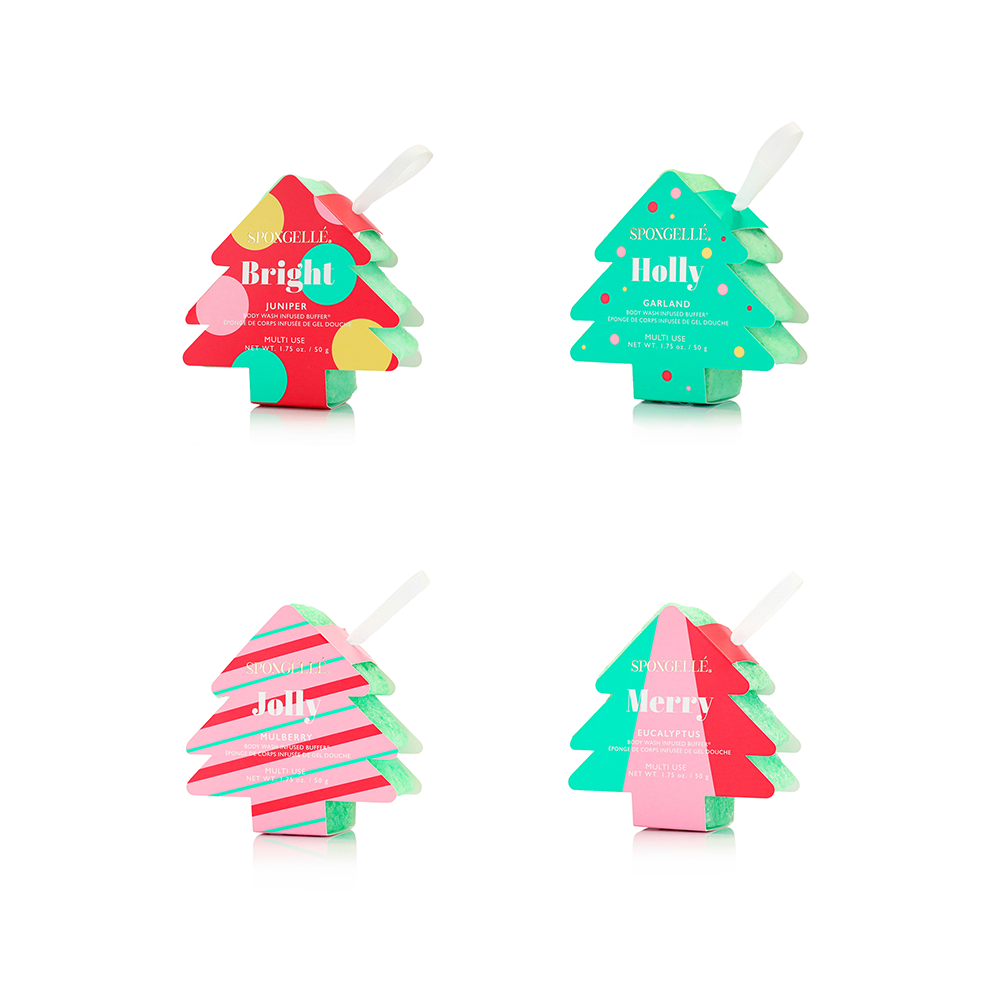 Spongellé Holiday Tree Body Wash Infused Buffer multi-use assorted pack with festive holiday design and colorful textured surface.