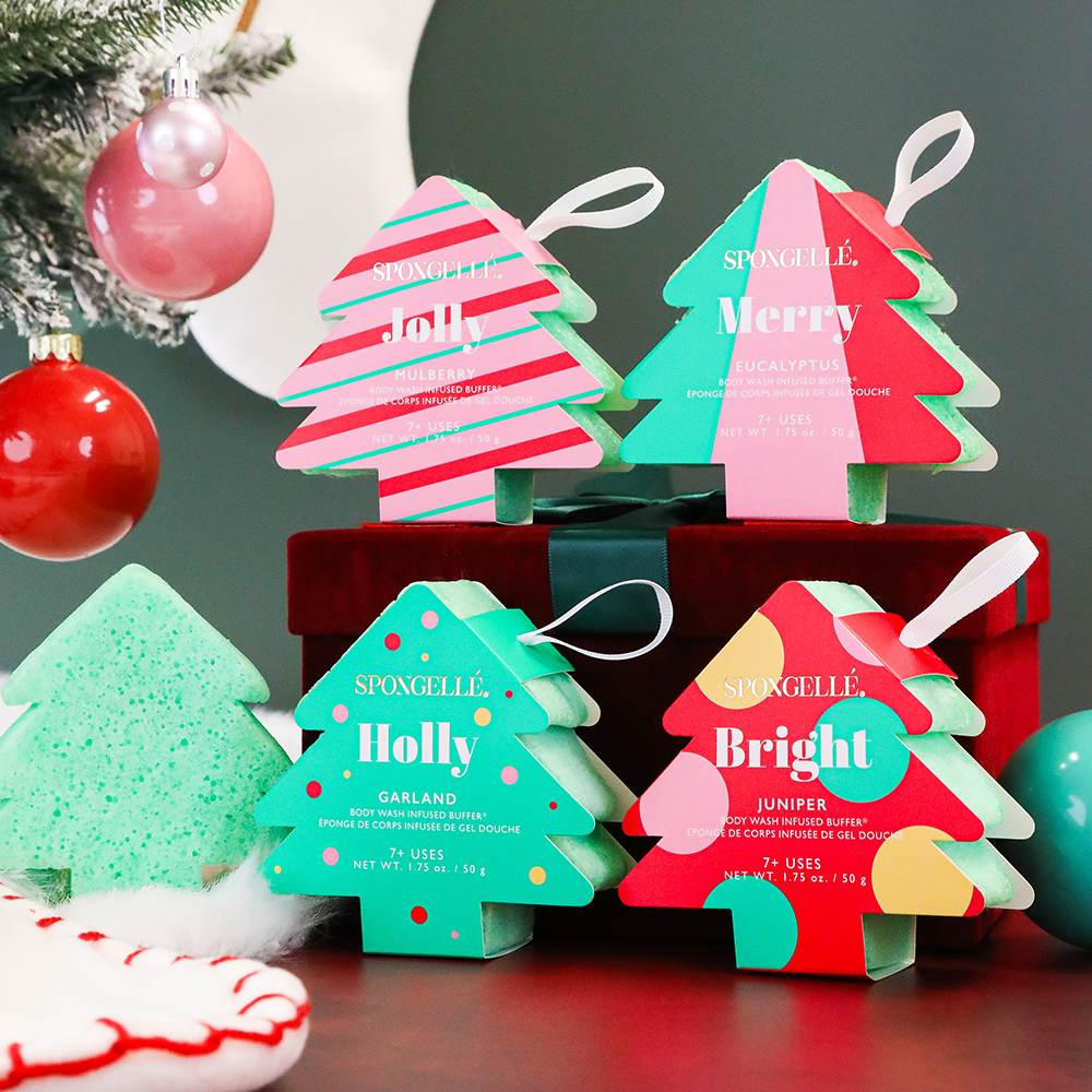 Spongellé Holiday Tree Body Wash Infused Buffer, multi-use assorted pack with festive holiday-themed design.