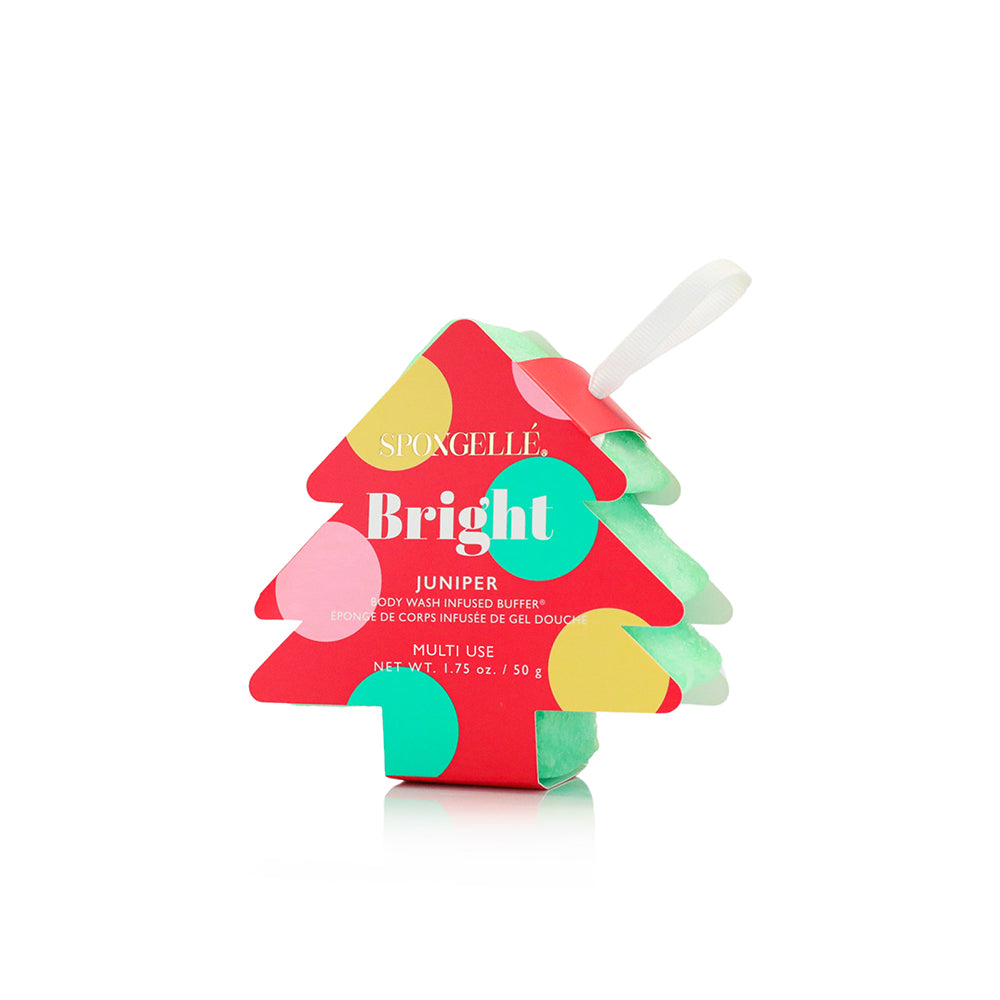 Spongellé Holiday Tree Body Wash Infused Buffer in assorted pack with festive holiday-themed design and multi-use body cleansing buffer