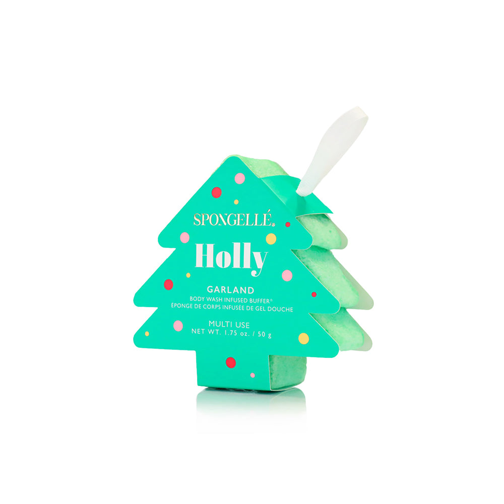 Spongellé Holiday Tree Multi-Use Body Wash Infused Buffer with assorted scents for gentle cleansing and skin nourishment.