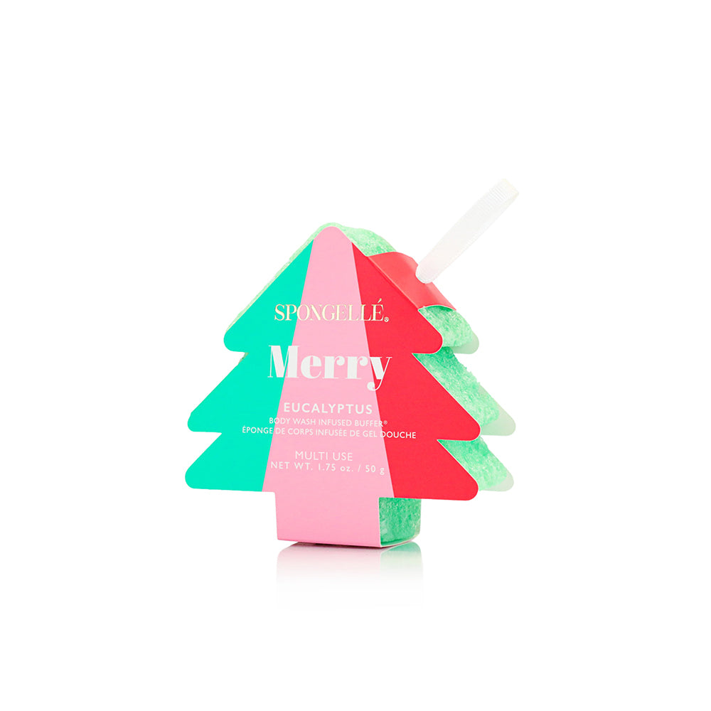 Spongellé Holiday Tree Multi-Use Assorted Pack body wash infused buffers with festive holiday design and colorful textures.