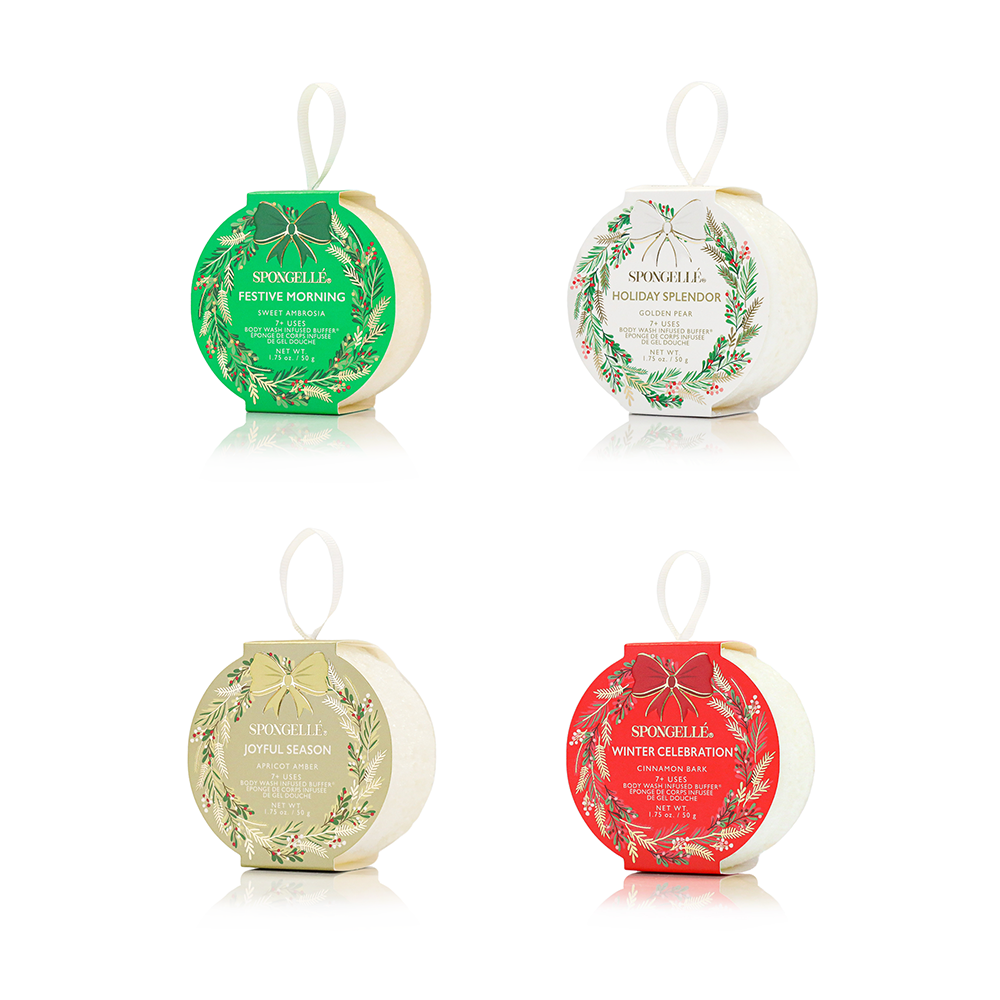 Spongellé Holiday Wreath Body Wash Infused Buffer with festive design, scented exfoliating buffer for skin cleansing and pampering.