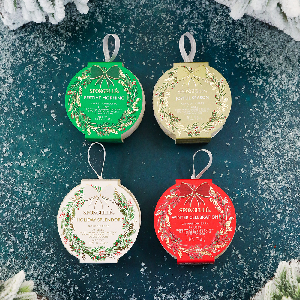 Spongellé Holiday Wreath Body Wash Infused Buffer with assorted festive scents and textured sponge for gentle cleansing.