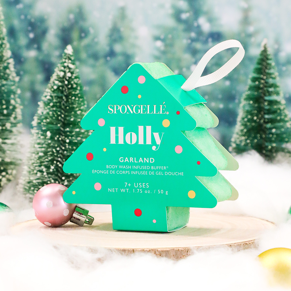 Spongellé Holly Garland Body Wash Infused Buffer with holiday tree design, festive exfoliating and cleansing body buffer.