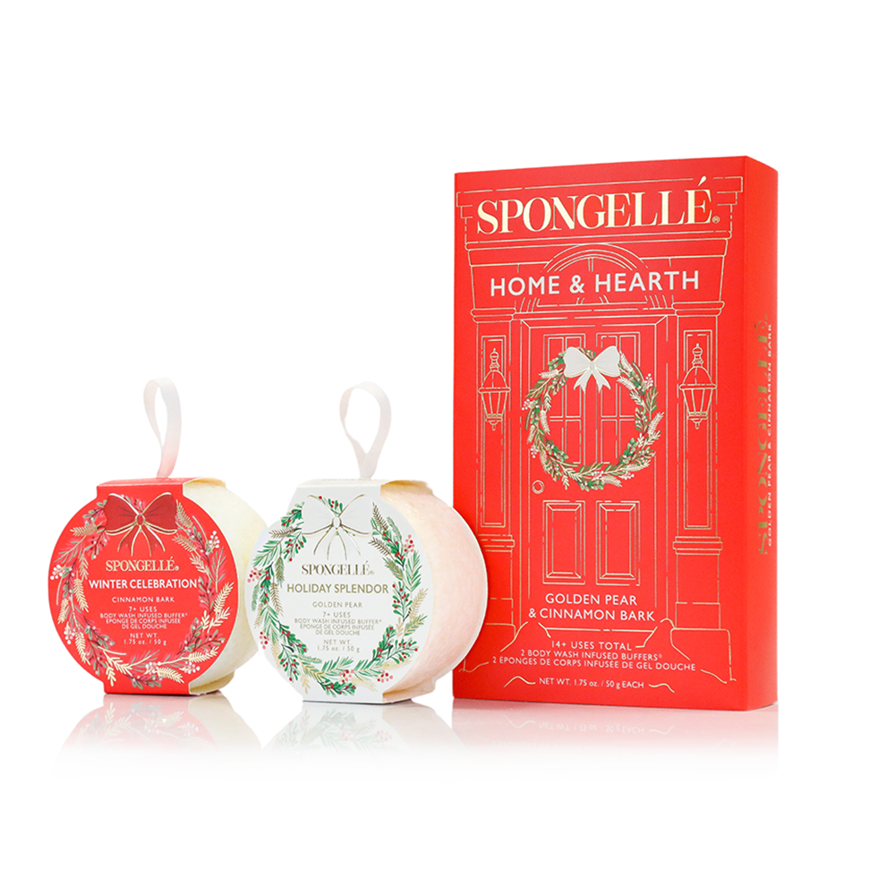 Spongellé Home & Hearth Holiday Wreath gift set with body wash-infused buffer, featuring festive holiday-themed design.