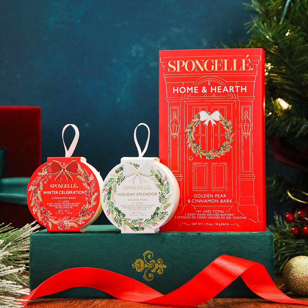Spongellé Home & Hearth Holiday Wreath Body Wash Infused Buffer set with festive design and fragrant skincare essentials.