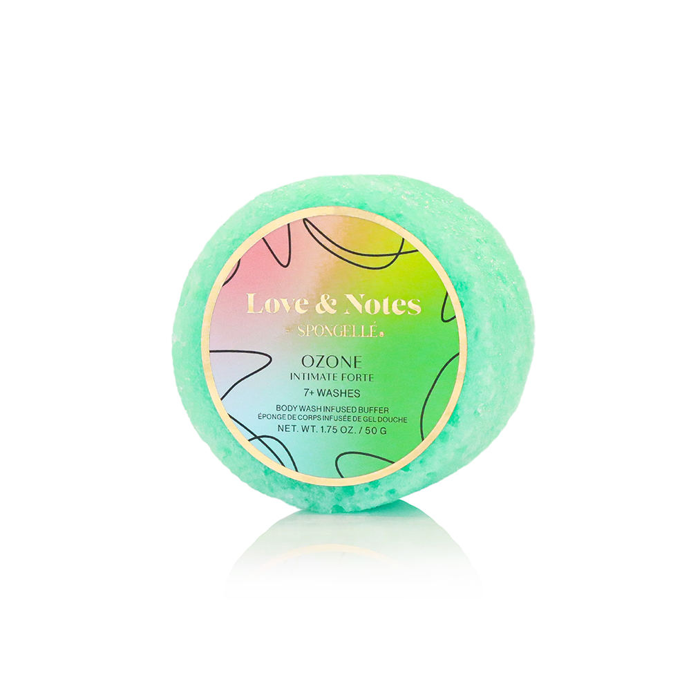 Spongellé Intimate Forte Love & Notes Spongette body wash infused buffer with floral and fruity scent, soft sponge for gentle cleansing.