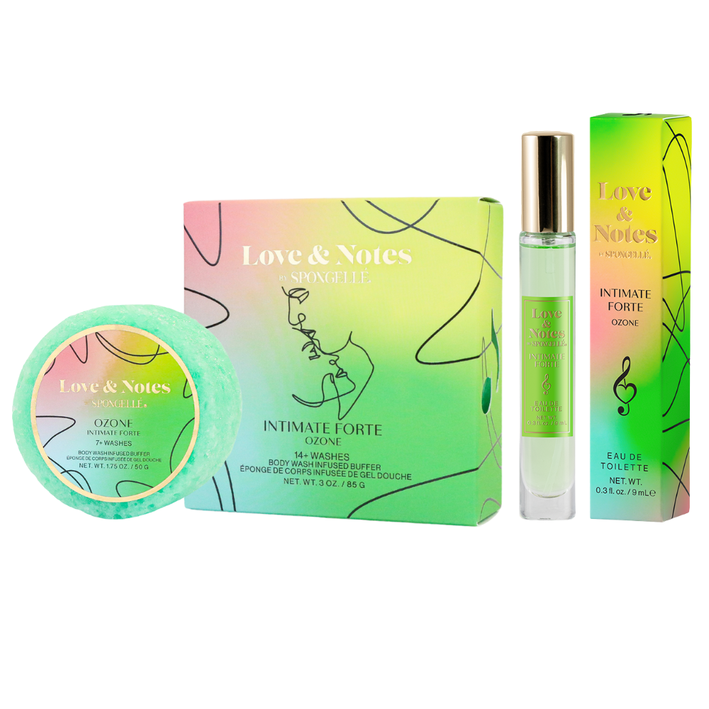 Spongellé Intimate Forte Love & Notes Trio Set with body wash-infused buffers for gentle cleansing and skincare.