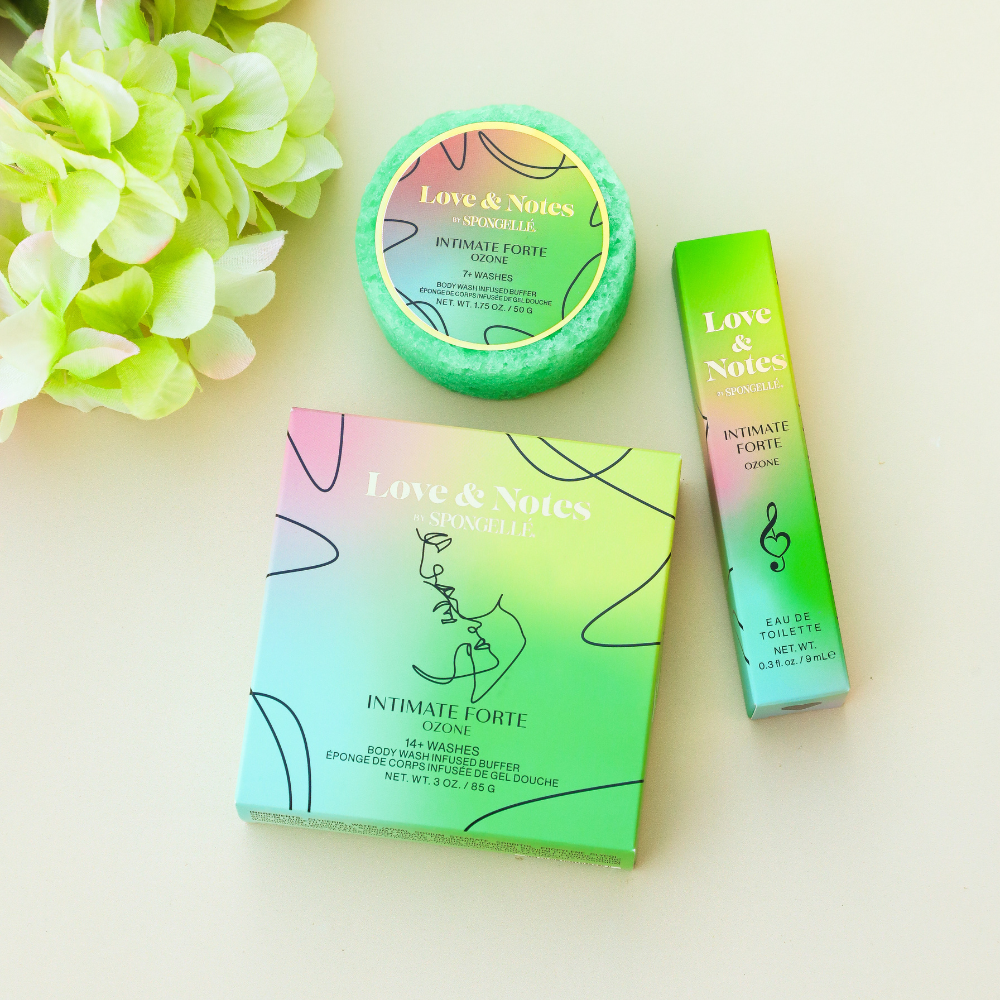 Spongellé Intimate Forte Love & Notes Trio Set of body wash-infused buffers with floral and fruity scents.