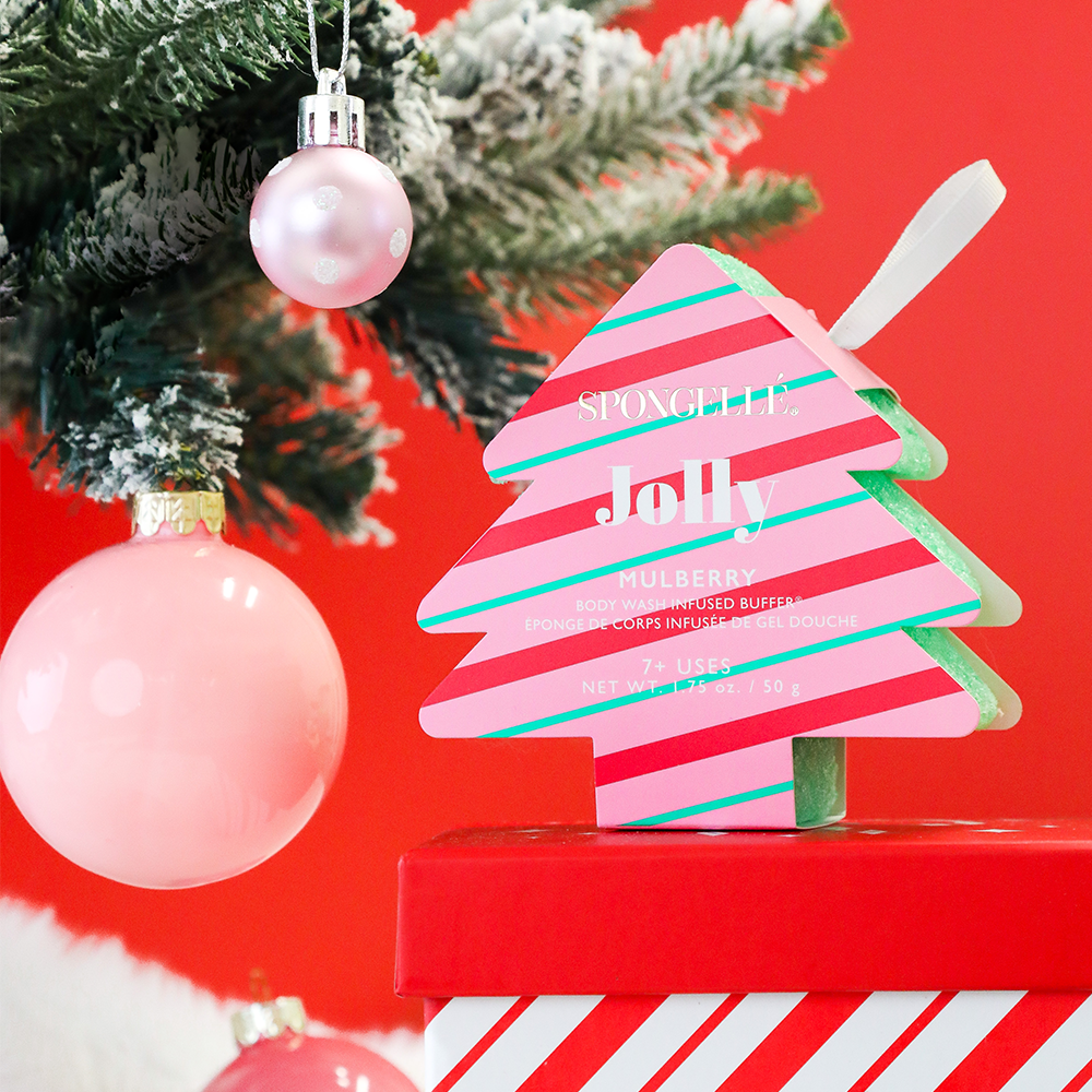 Spongellé Jolly Mulberry holiday-themed body wash-infused buffer with festive dry brush design