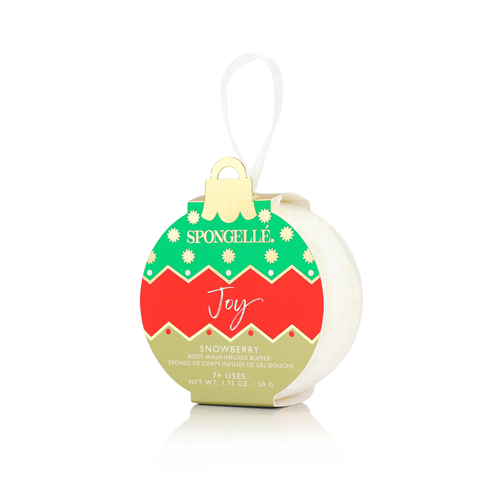 Spongellé Joy Snowberry holiday ornament body wash infused buffer with festive snowberry design and holiday-themed packaging.