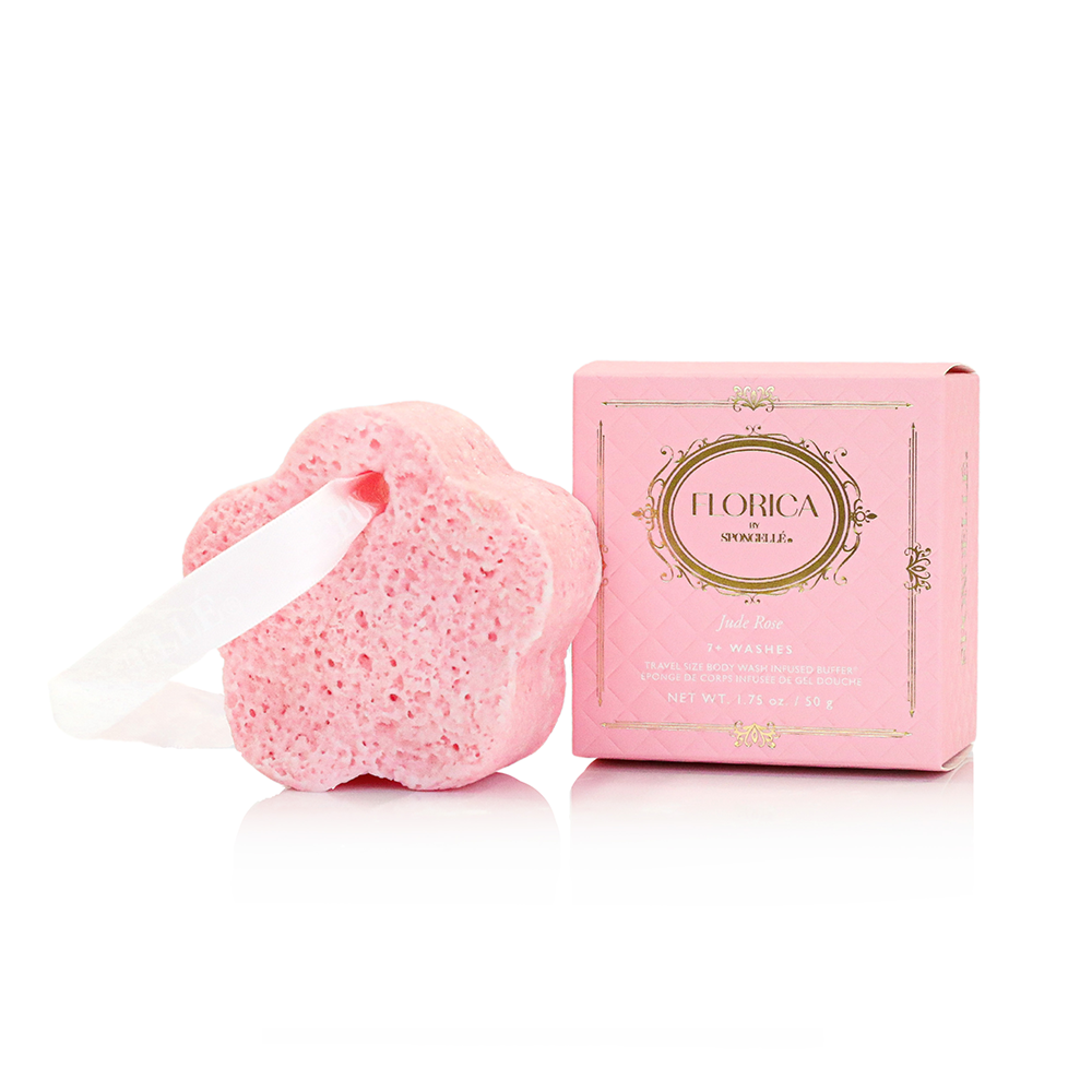 Spongellé Jude Rose Spongette body wash infused buffer with rose scent, textured sponge for gentle cleansing and exfoliation.