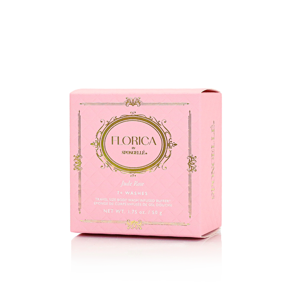 Spongellé Jude Rose Spongette body wash infused buffer with pink rose design for gentle cleansing and skincare.