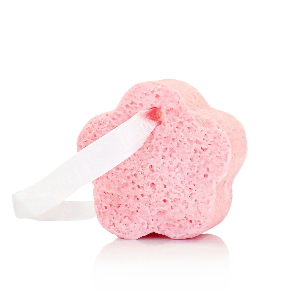 Spongellé Jude Rose Spongette body wash infused buffer with rose scent, designed for gentle cleansing and exfoliation.