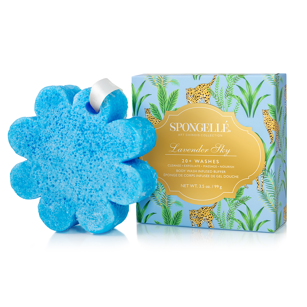 Lavender Sky Art Chinois body wash infused buffer by Spongellé with lavender scent, featuring a colorful abstract design.