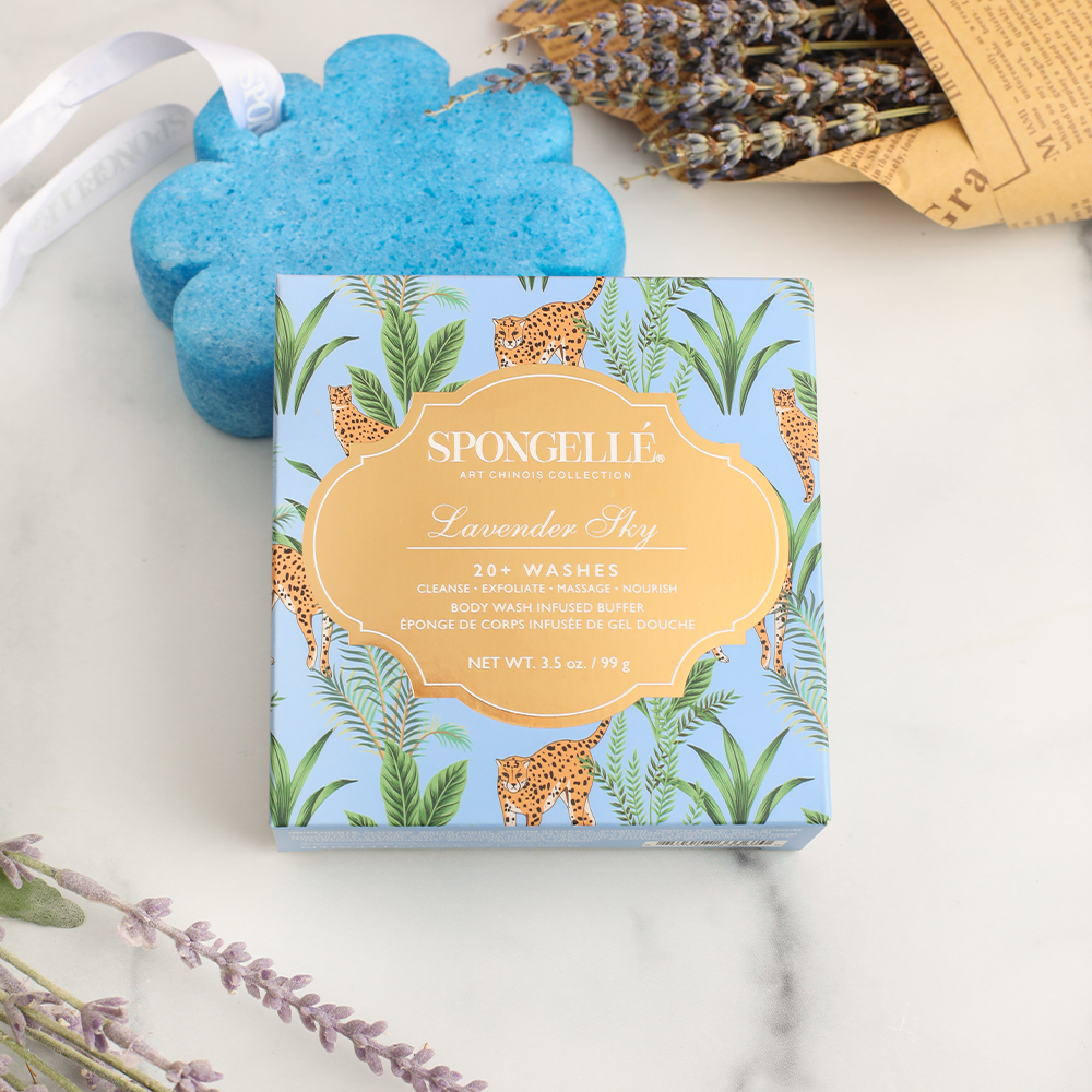 Lavender Sky Art Chinois body wash infused buffer from Spongellé with lavender scent and decorative blue and purple design.