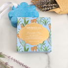 Lavender Sky Art Chinois body wash infused buffer from Spongellé with lavender scent and decorative blue and purple design.