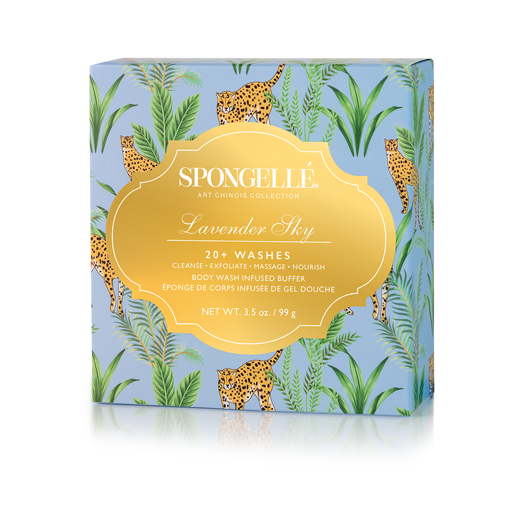 Lavender Sky Art Chinois body wash infused buffer by Spongellé with lavender scent and textured surface for gentle cleansing