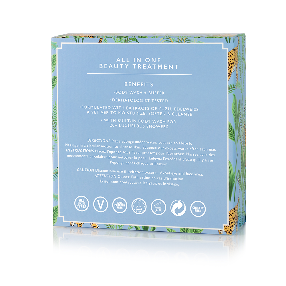 Lavender Sky Art Chinois body wash infused buffer by Spongellé with lavender-colored sponge and intricate design details.