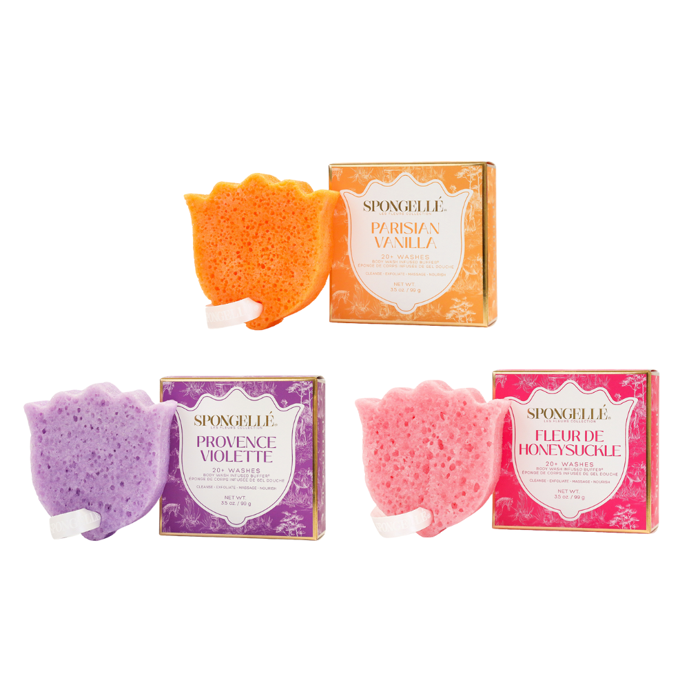 Les Fleurs Body Buffer Trio Set by Spongellé, body wash infused buffers with floral scents, displayed in a set arrangement.