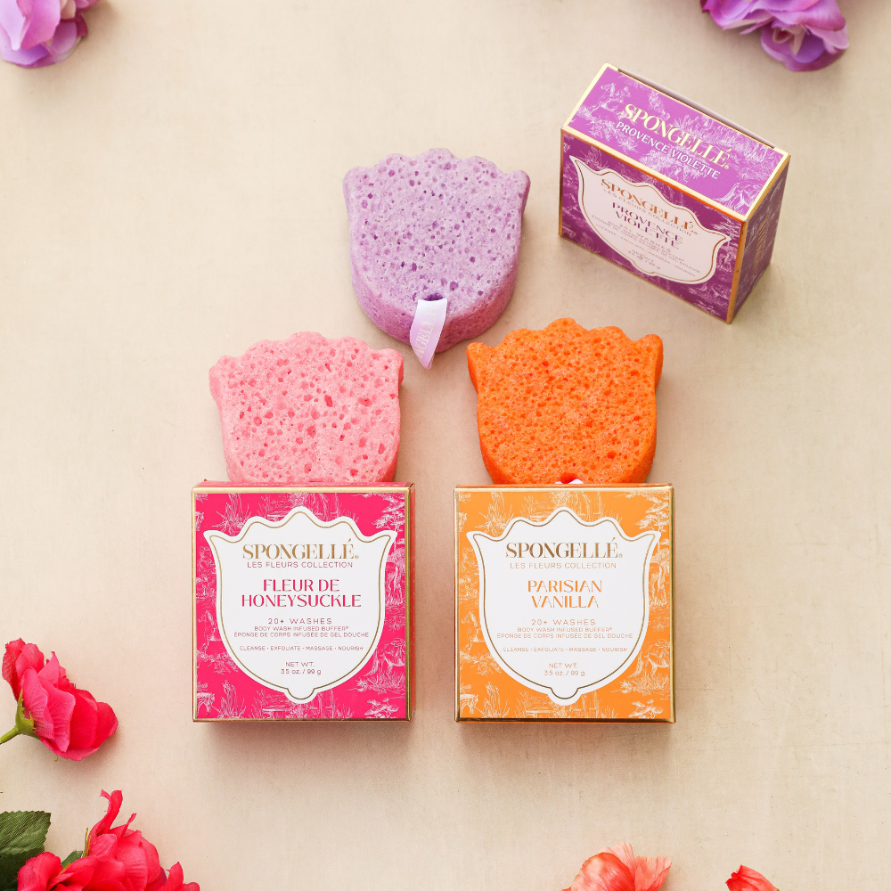 Spongellé Les Fleurs Body Buffer Trio Set 2, body wash-infused buffers with floral scent, displayed in a set of three.