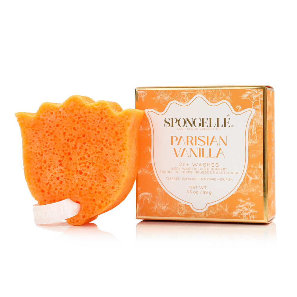 Les Fleurs Spongellé Body Wash Infused Buffer Trio Set with floral-scented exfoliating buffers on a white background