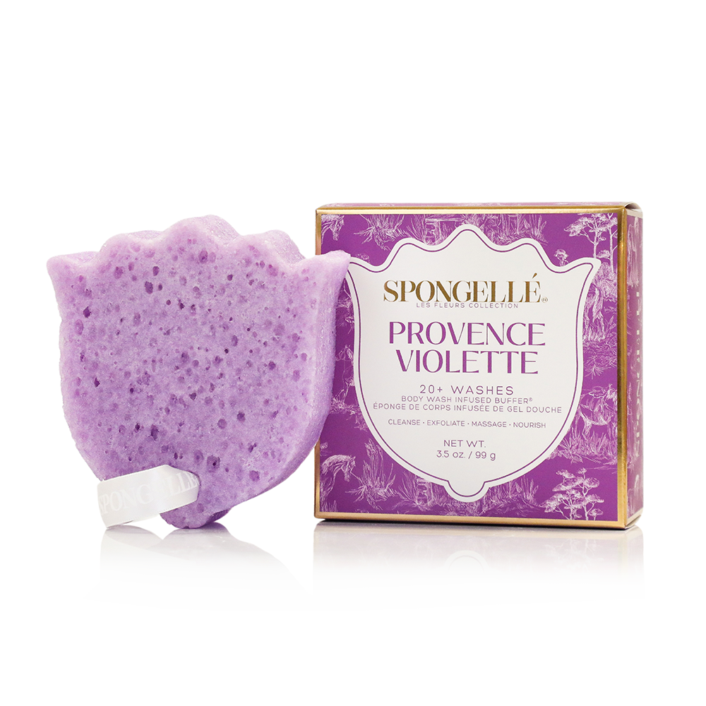 Spongellé Les Fleurs Body Buffer Trio Set 2, wash-infused exfoliating buffers with floral scent for gentle skin cleansing.