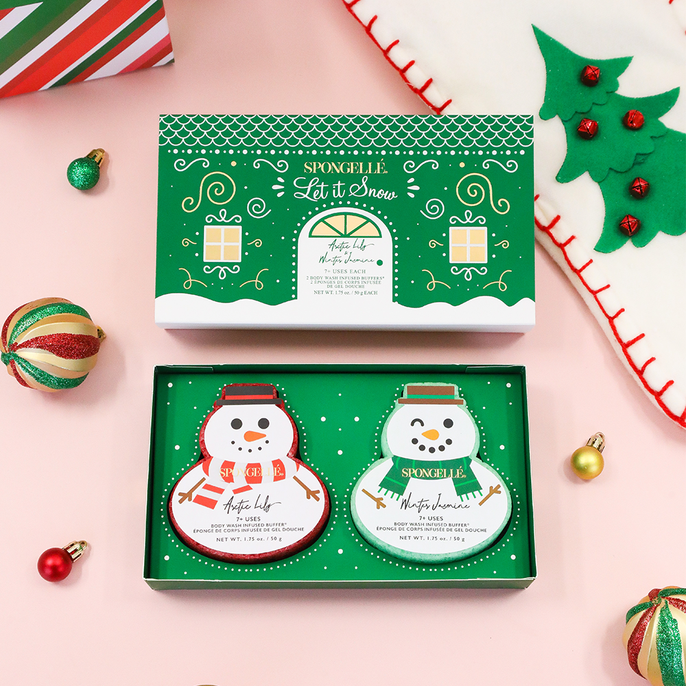 Spongellé Let It Snow holiday snowman gift set with body wash infused buffer featuring festive winter design.