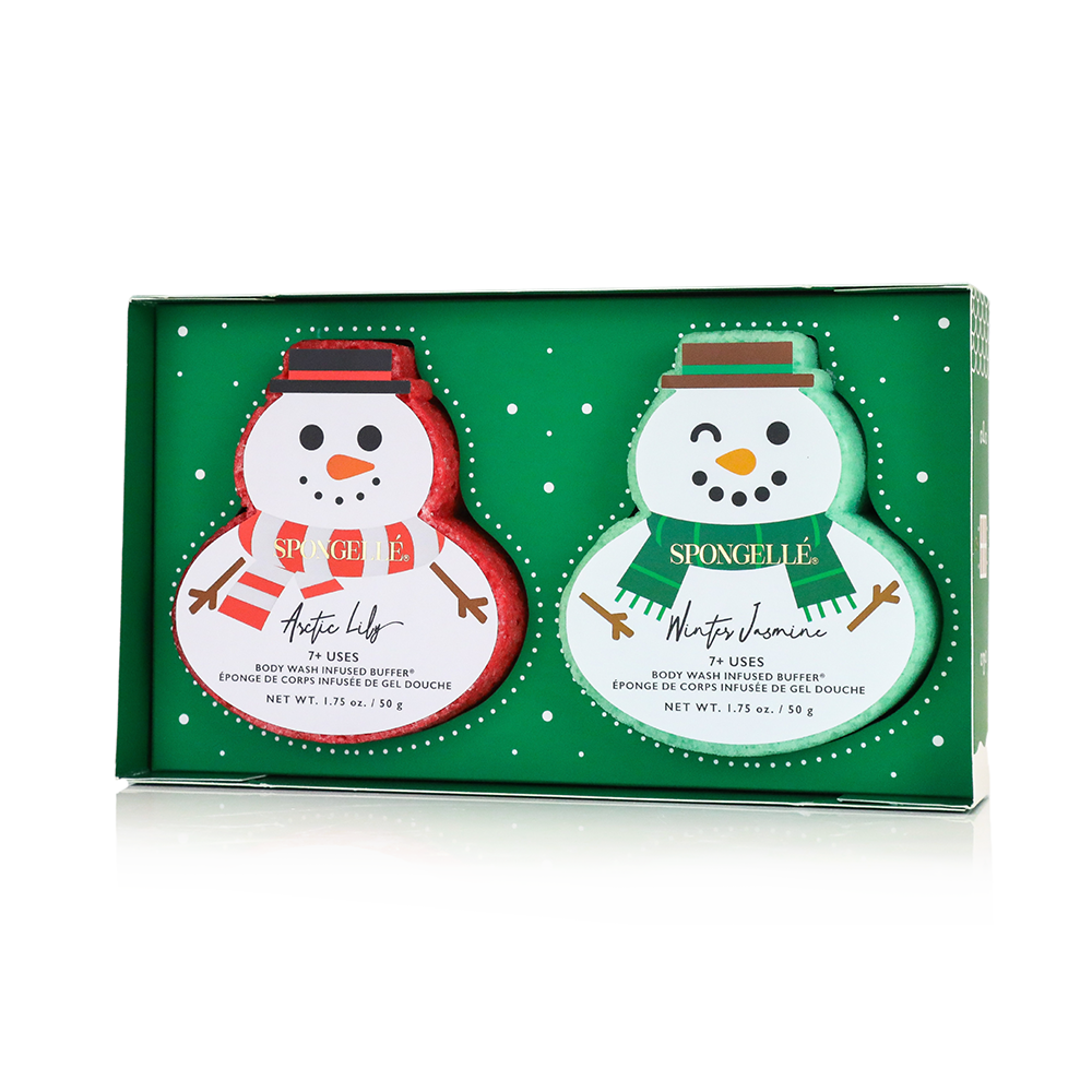 Spongellé Let It Snow holiday snowman gift set with body wash infused buffer and festive packaging.