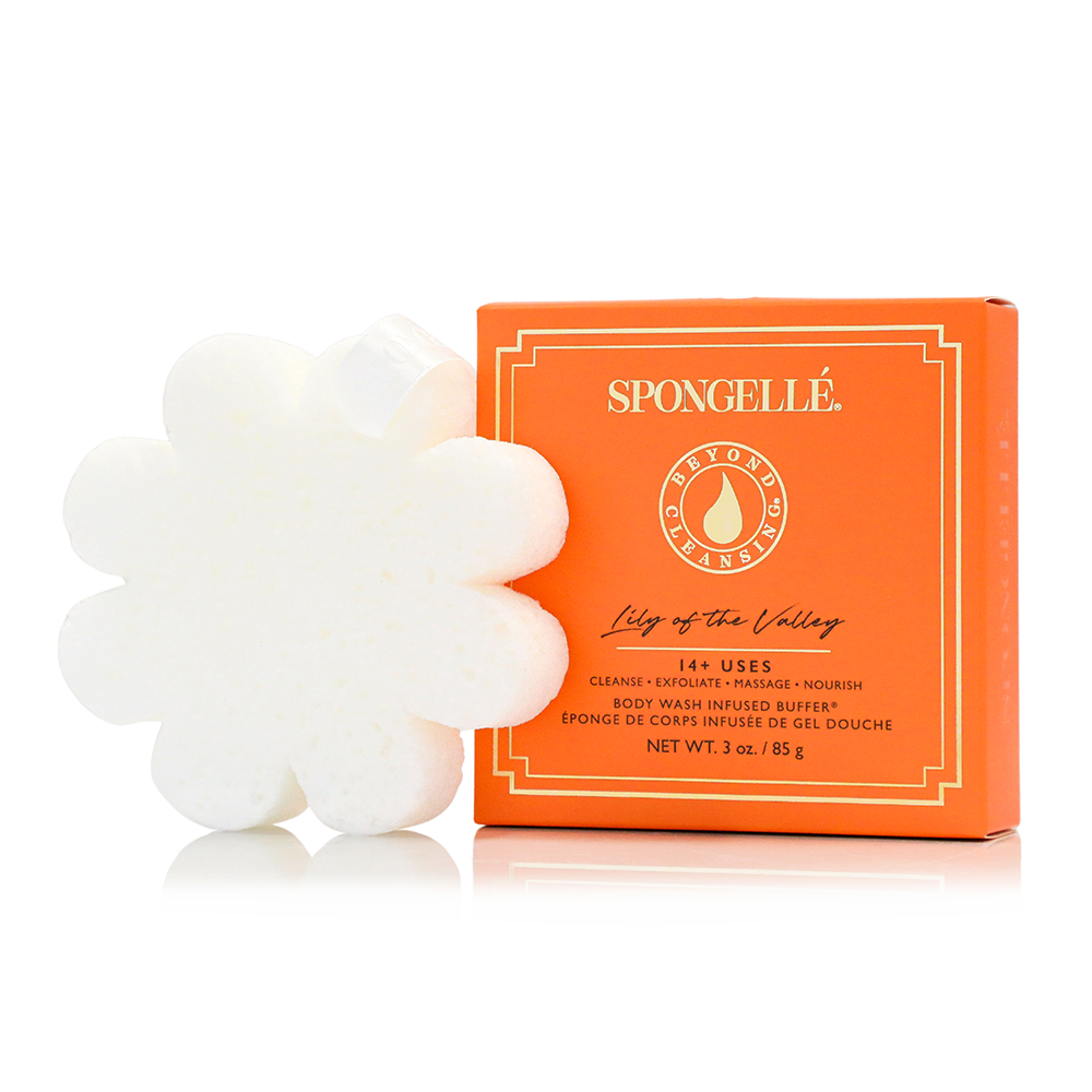 Spongellé Lily of the Valley Body Wash Infused Buffer with boxed flower design, soft texture, and floral scent for gentle exfoliation.