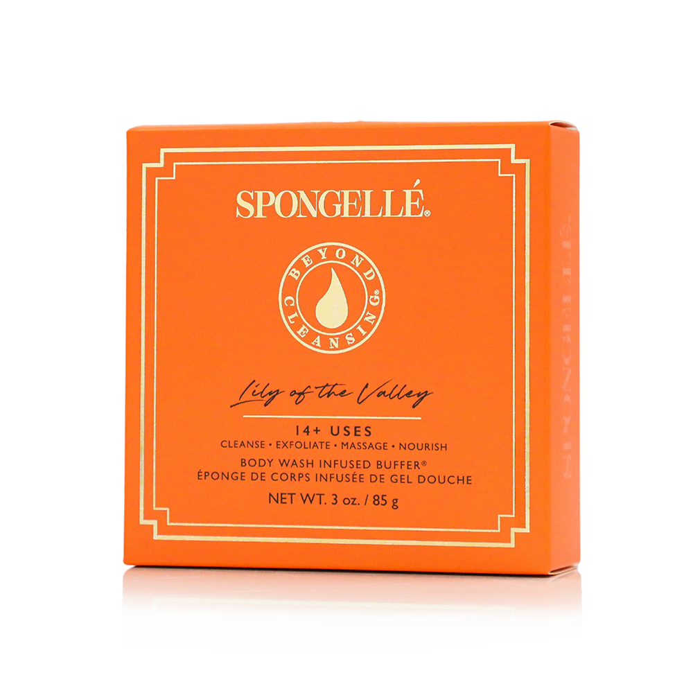 Spongellé Lily of the Valley body wash infused buffer with boxed flower design for gentle cleansing and aromatic floral scent.