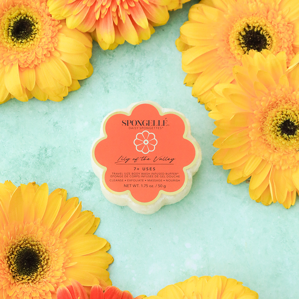 Spongellé Lily of the Valley Daisy Spongette body wash infused buffer with floral scent and soft sponge texture.