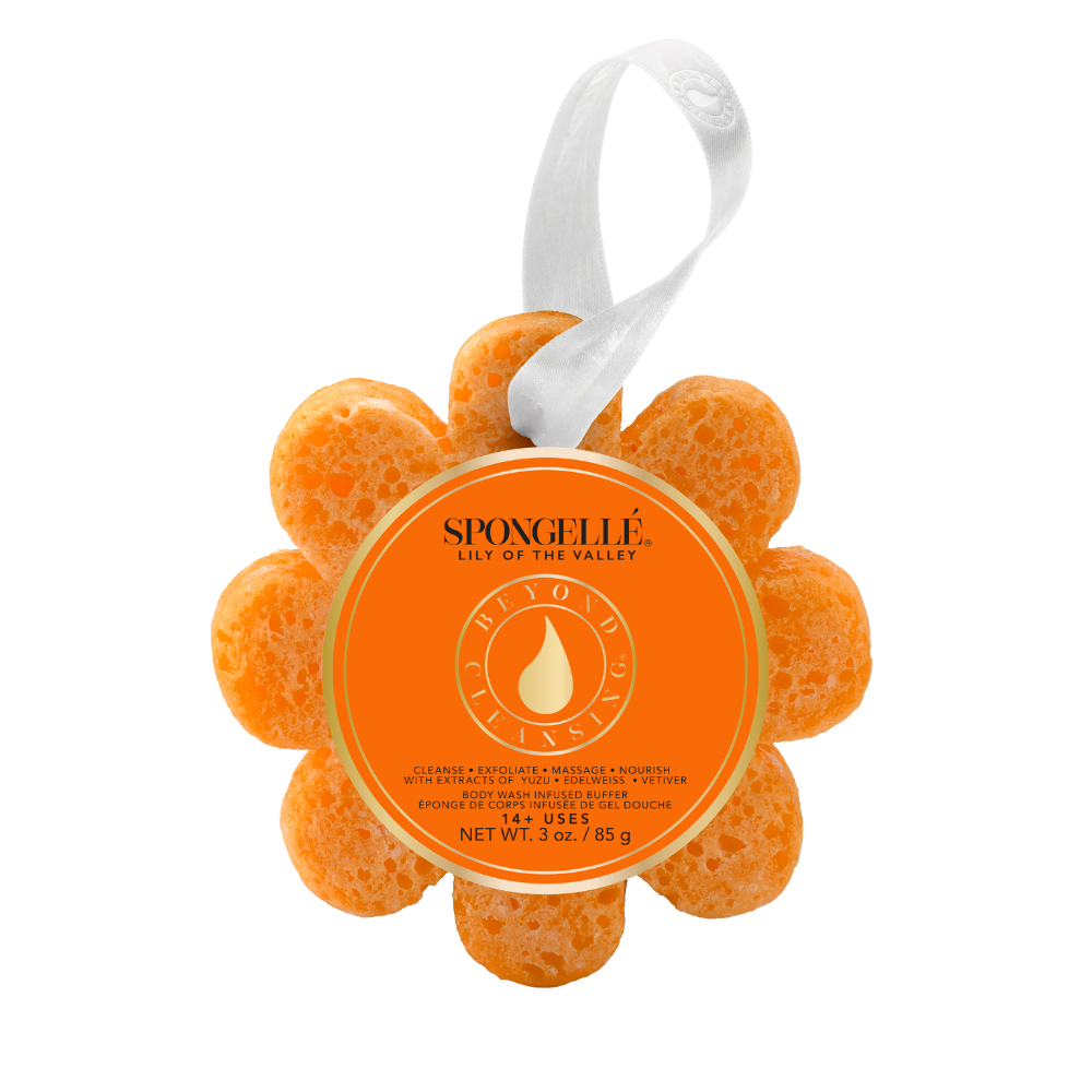 Spongellé Lily of the Valley Wild Flower Body Wash Infused Buffer showing the textured body buffer with floral scent