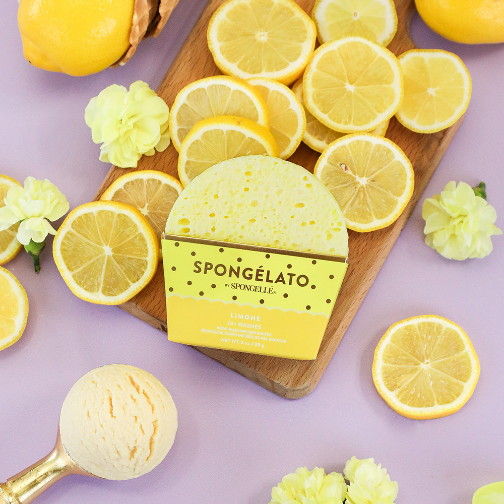 Spongellé Limone Spongelato Buffer, a body wash infused buffer with fresh lemon scent and gentle exfoliating texture.